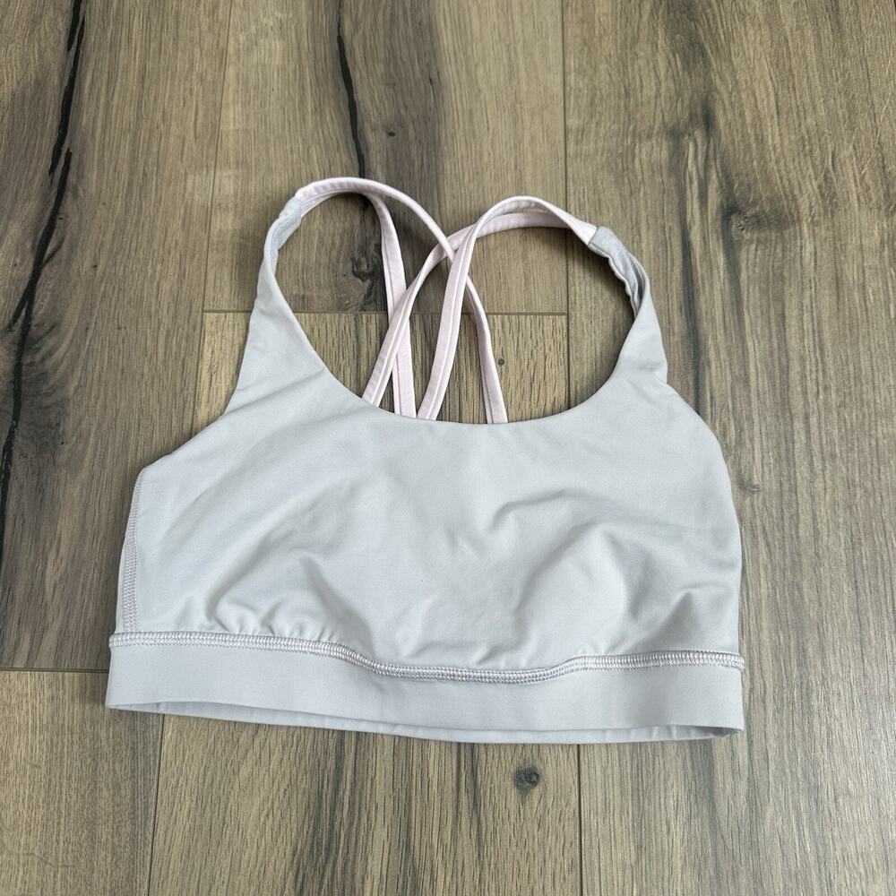 Lululemon Size 4 Energy Bra Medium Support Gray Pink Straps No Pads EUC